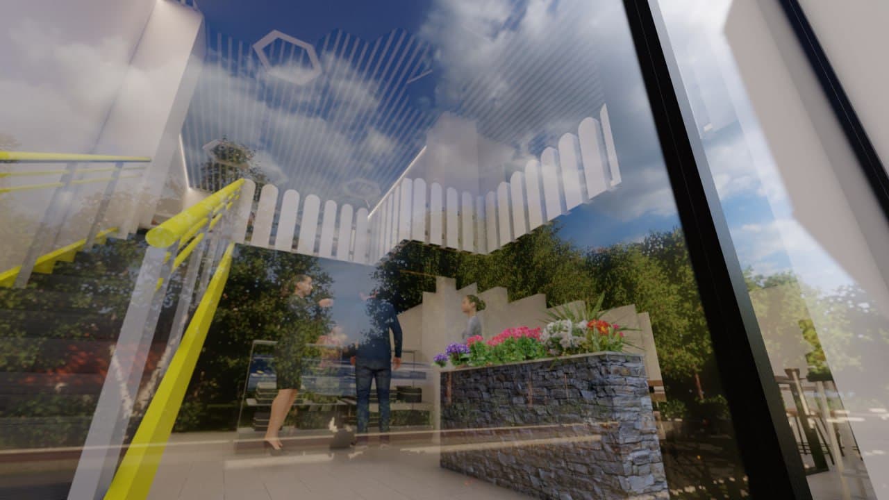 Material details including stone planters, timber furniture, and the signature yellow staircase.