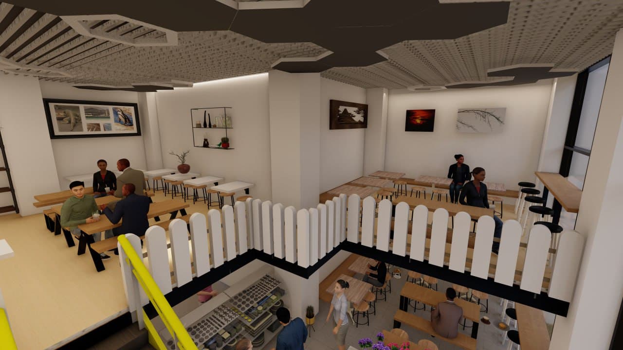 A sculptural yellow staircase connects the ground floor cafe to an intimate mezzanine dining level.