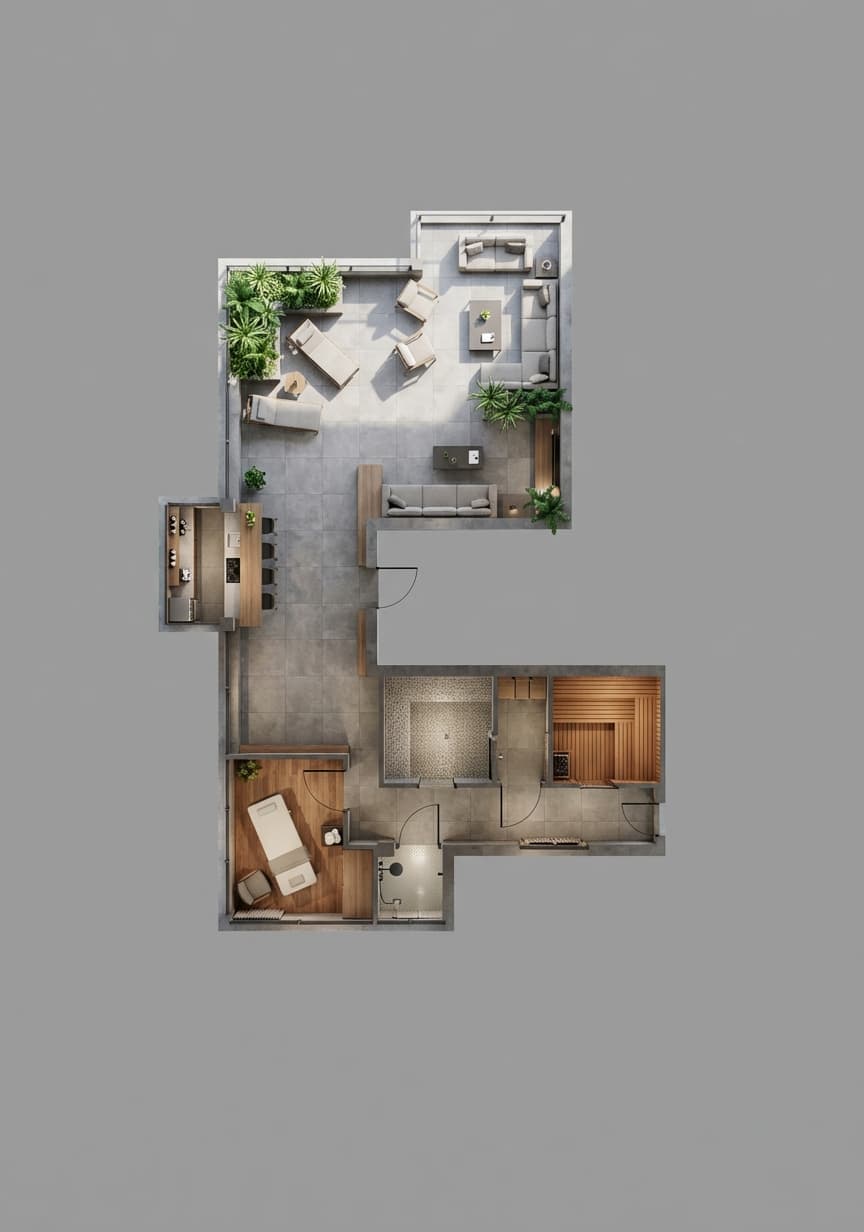 Right elevation with the residential tower rising above the commercial base.