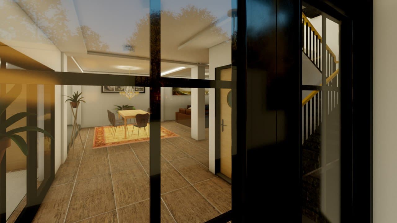 Large sliding doors connect the living spaces to the courtyard, extending the home outward.